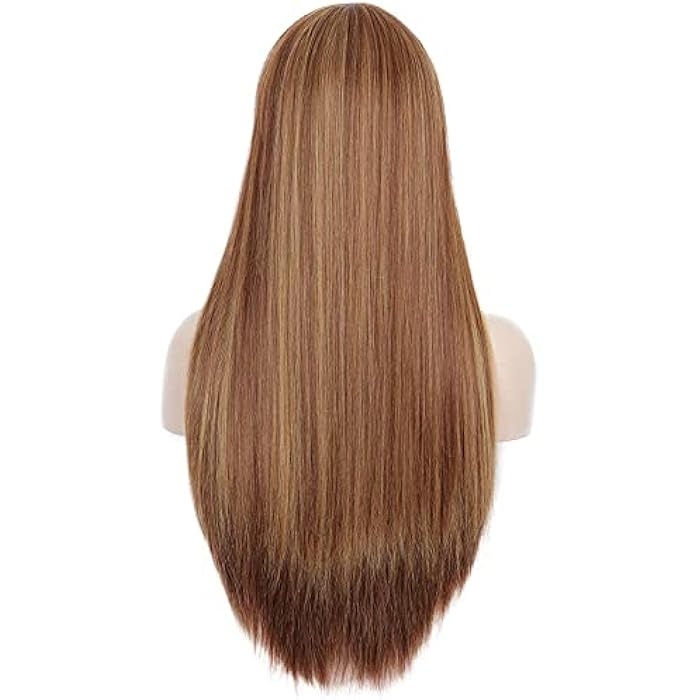 DILLARDS Sotica Long Straight Brown Mix Blonde Highlights Wigs With Bangs For White And Black Women 28 Inch Synthetic Highlights Wigs Natural Look Hair Wigs Heat Resistant Fibre For Daily Party Use - Image 4